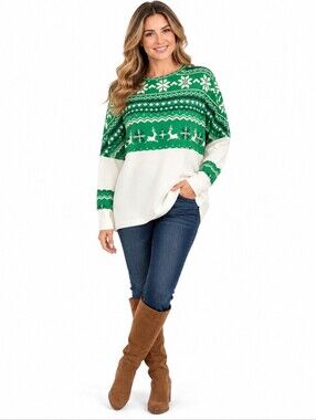 Camisa Women’s Large Christmas Sweater Green White Reindeer Fair Isle NWT